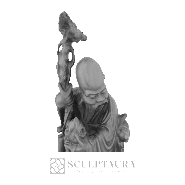 Sculpture Japanese Old Man with Walking Cane - Picture 1